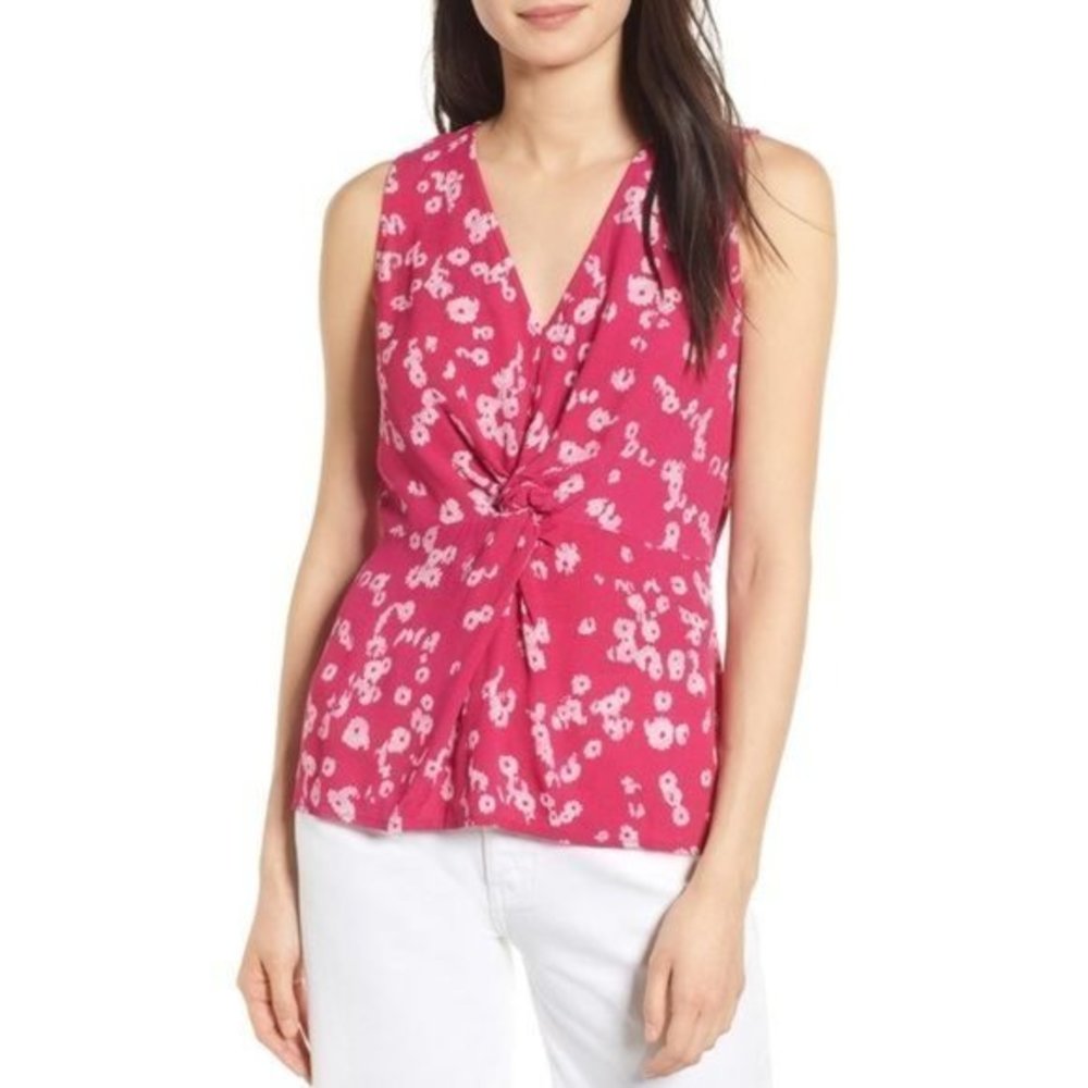Chelsea28 Floral Print Flattering Twist Front V-Neck Lightweight Sleeveless Top